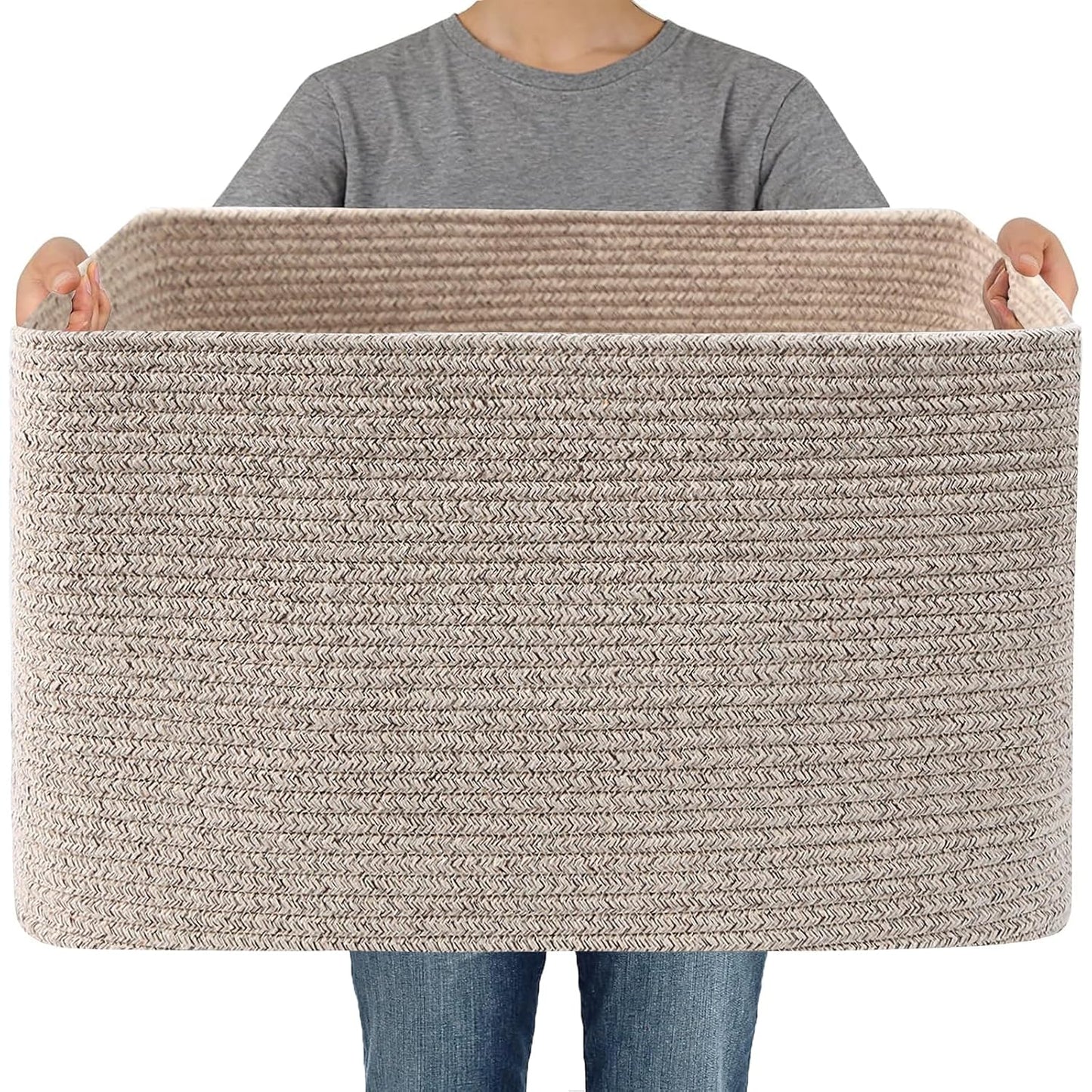 65L Large Woven Cotton Rope Blanket Basket, Oatmeal | Blanket Storage for Living Room or Bedroom Use, Freestanding with Reinforced Handles, Entire Basket is Machine Washable