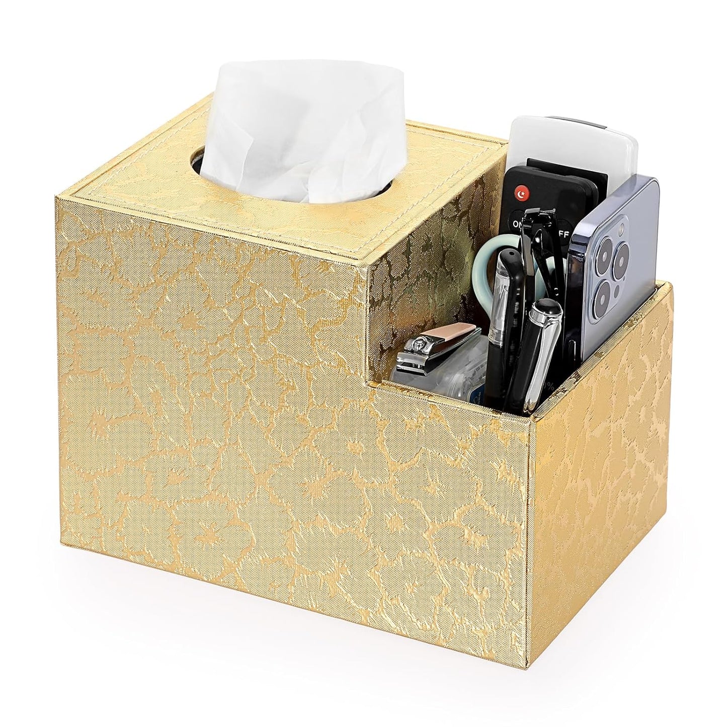 Sumnacon Square Leather Tissue Box Cover - PU Cube Tissue Box Holder with Side Organizer, Decorative Tissue Box for Living Room Vanity Night Stand Desk Countertop Office, Gold