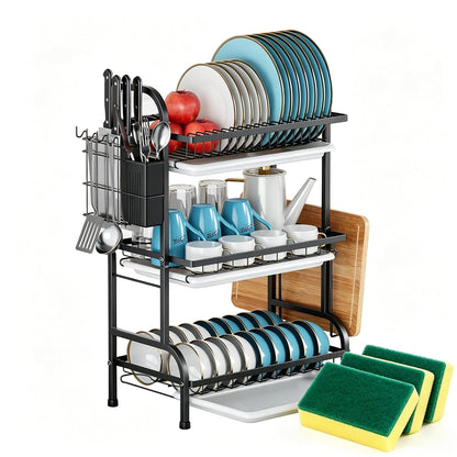 3 Tier Dish Drying Rack, Over The Sink Dish Drying... (Black | Iron)