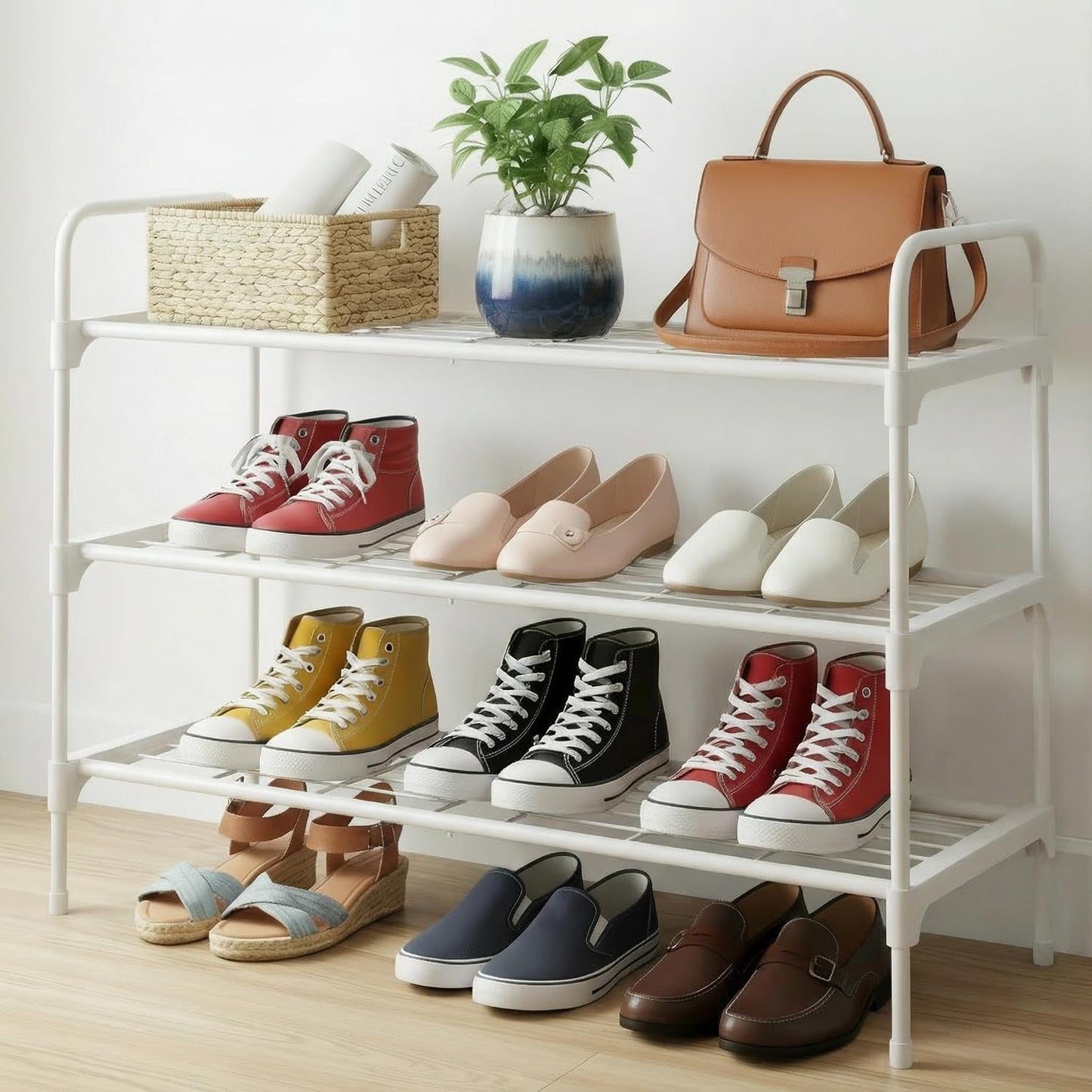 3-Tler Shoe Rack Organlzer, Rustproof lron, Spaclous Shoe Storage Shelf for Closet or Entryway, Fits Sneakers & Slippers, White