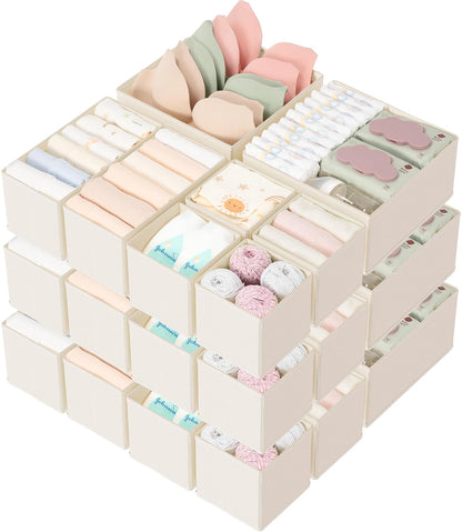 Drawer Organizer 18-Piece Set, Dresser Organizer for Baby Clothes, Foldable Closet Storage & Drawer Dividers for Underwear, Socks, Nursery (Beige)