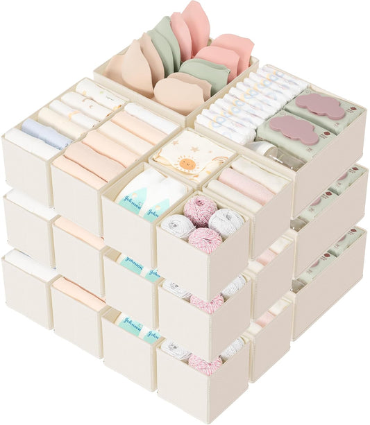 Drawer Organizer 18-Piece Set, Dresser Organizer for Baby Clothes, Foldable Closet Storage & Drawer Dividers for Underwear, Socks, Nursery (Beige)