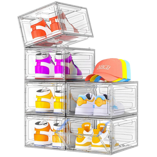 Sturdy Clear Shoe Organizer with Magnetic Door, Stackable Shoe Storage Box | Thick Plastic Shoe Storage for Sneakers & Boots, Collapsible Closet Shoe Rack and Clear Shoe Box, 6 Pack White