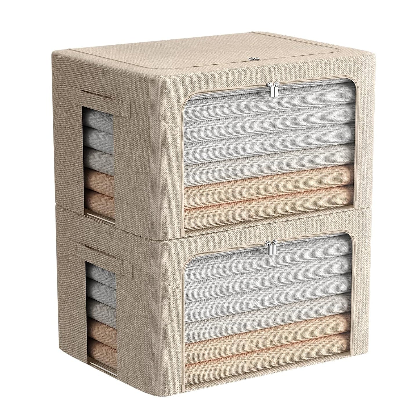 FHSQX 2 Pack Clear Window Storage Bins Foldable Fabric Storage Bins Boxes for Clothes Stackable Box Organizer Set with Carrying Handles (Beige, 22L,15.7x 11.8x 7.8 Inch)