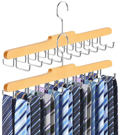 2PC Tie Rack Hanger for Closet, Upgraded Tie Holder Organizer for Men, Wood | Non Slip Neck Tie Organizer with 20 Foldable Hooks, Belt Hanger Space Saving, Fits for Tank Tops Bras Cami Scarves