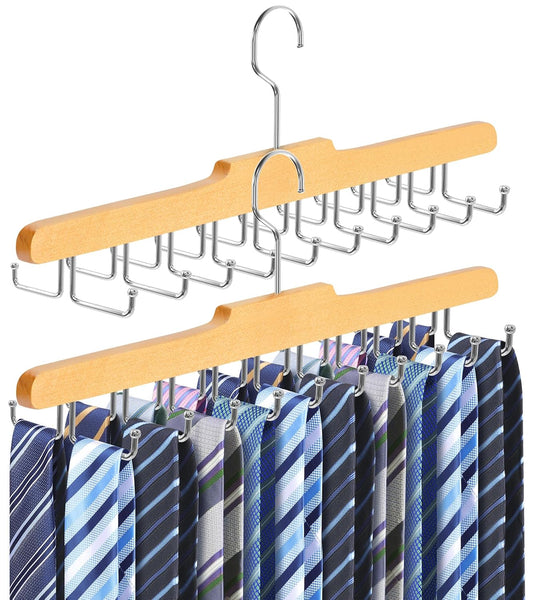 2PC Tie Rack Hanger for Closet, Upgraded Tie Holder Organizer for Men, Wood | Non Slip Neck Tie Organizer with 20 Foldable Hooks, Belt Hanger Space Saving, Fits for Tank Tops Bras Cami Scarves