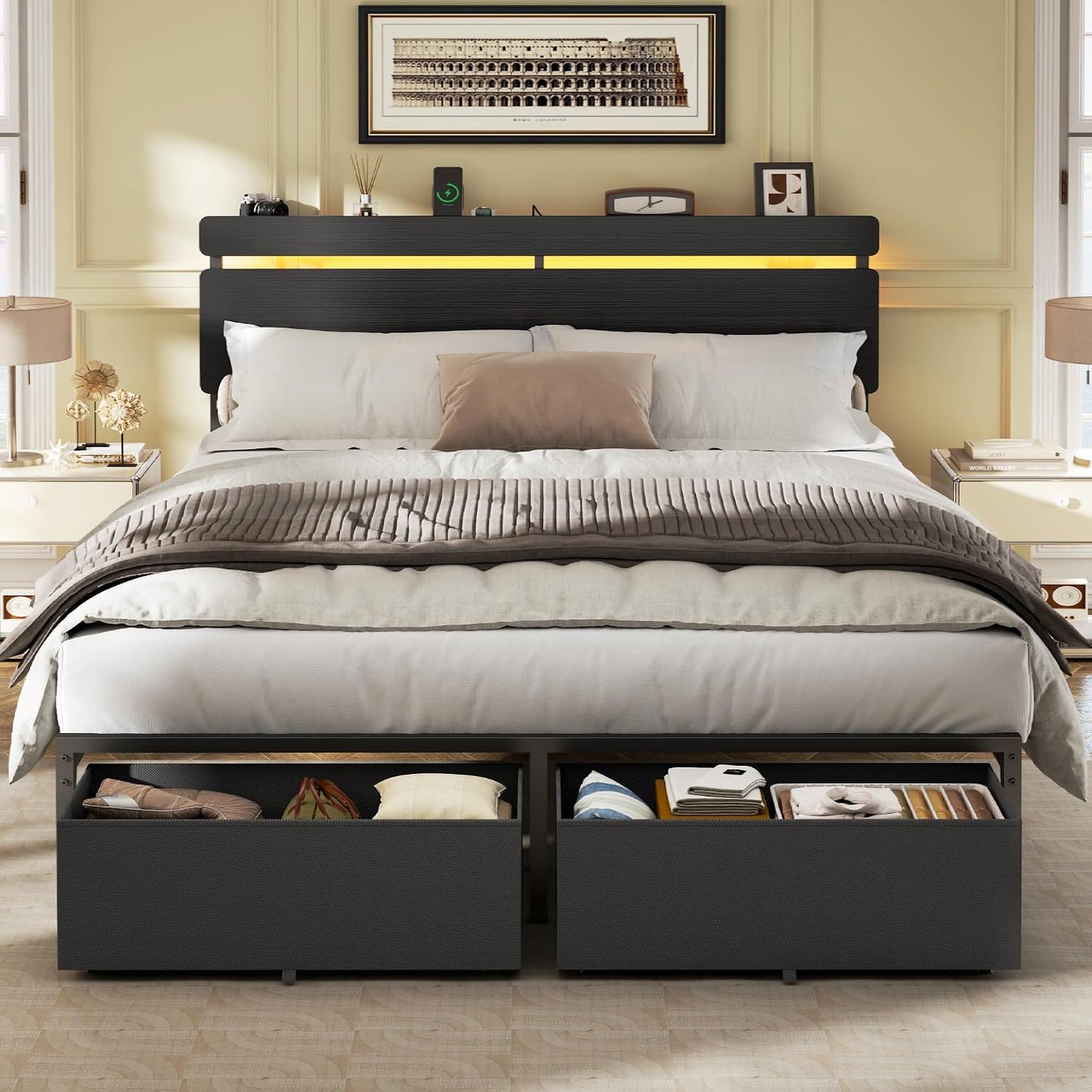 Forestell Queen Bed Frame with Wood Headboard,2 Storage Drawers & Shelf