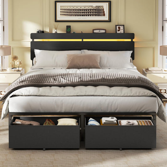 Forestell Queen Bed Frame with Wood Headboard,2 Storage Drawers & Shelf