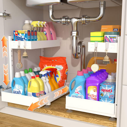 Under Sink Organizer, Bathroom Counter Organizer, 2 Packs 2-Tier Metal, Under Cabinet Storage, Makeup Storage, Adjustable Height & Slide-Out Drawer for Kitchen Bathroom, White