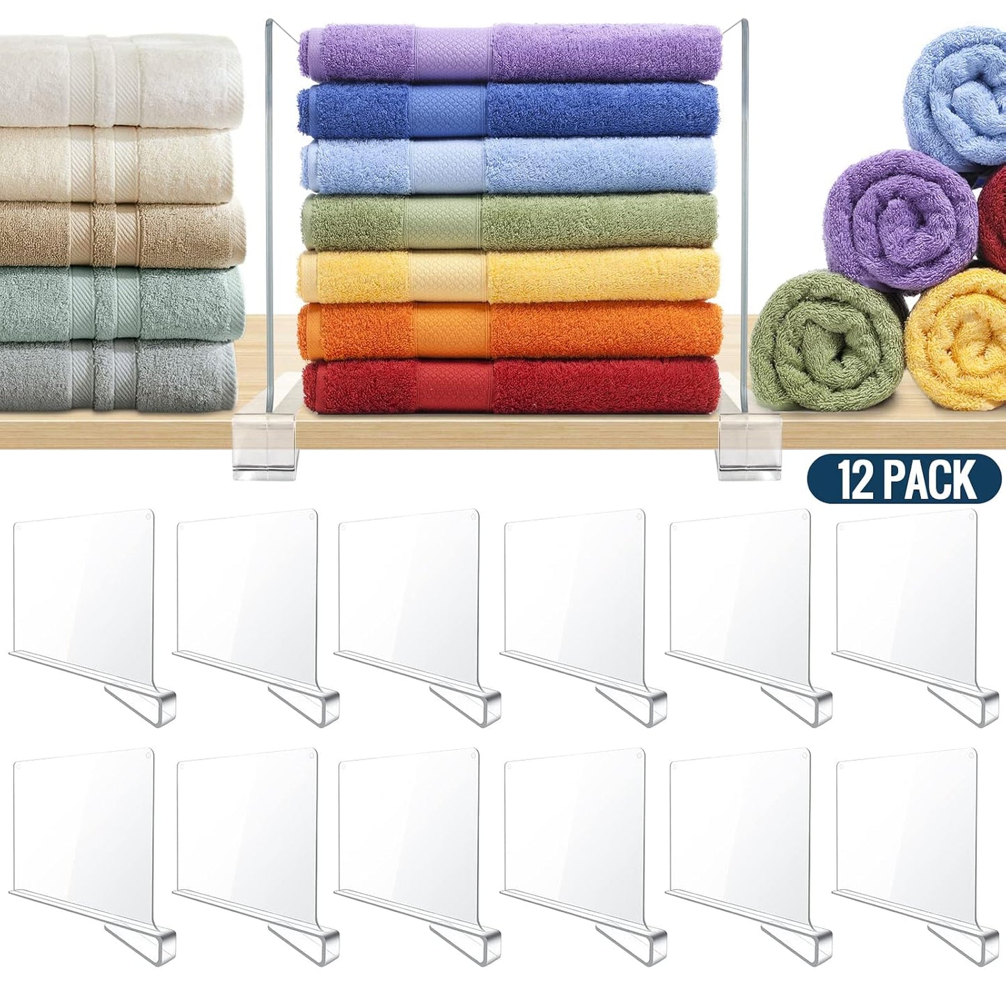BAUMFEUER 12 Pack Clear Acrylic Shelf Dividers for Closet Shelf Organizer of Bedroom Kitchen Office Bathroom Organizer for Clothes Books Hats and Handbags