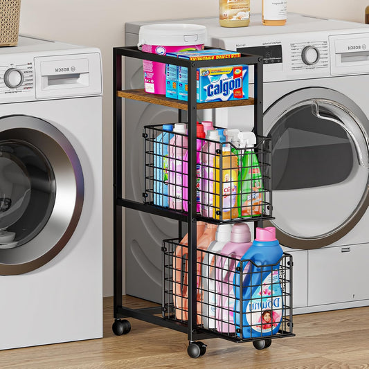 Hongtamoya 3 Tier Laundry Room Cart with Pull-Out Baskets, Utility Slim Storage Cart with Wheels Small Rolling Cart with Wood Top Metal Narrow Bathroom Laundry Room Organization Trolley, Black