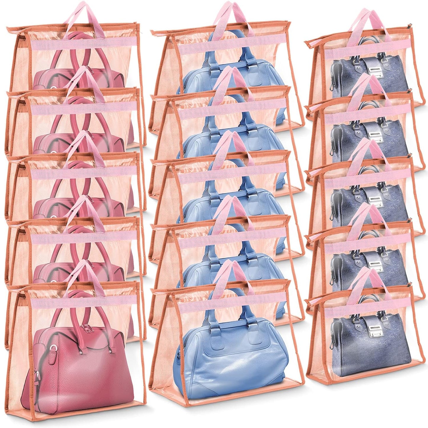 Shappy 15 Pieces Dust Cover Organizer Bags for Handbags, 3 Sizes Clear Handbag Storage Bag Purse Storage with Zipper and Handles Dust Bags for Purses Handbags Closet, 5 Each Size (Pink)