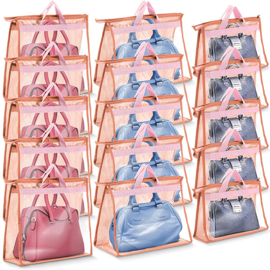 Shappy 15 Pieces Dust Cover Organizer Bags for Handbags, 3 Sizes Clear Handbag Storage Bag Purse Storage with Zipper and Handles Dust Bags for Purses Handbags Closet, 5 Each Size (Pink)