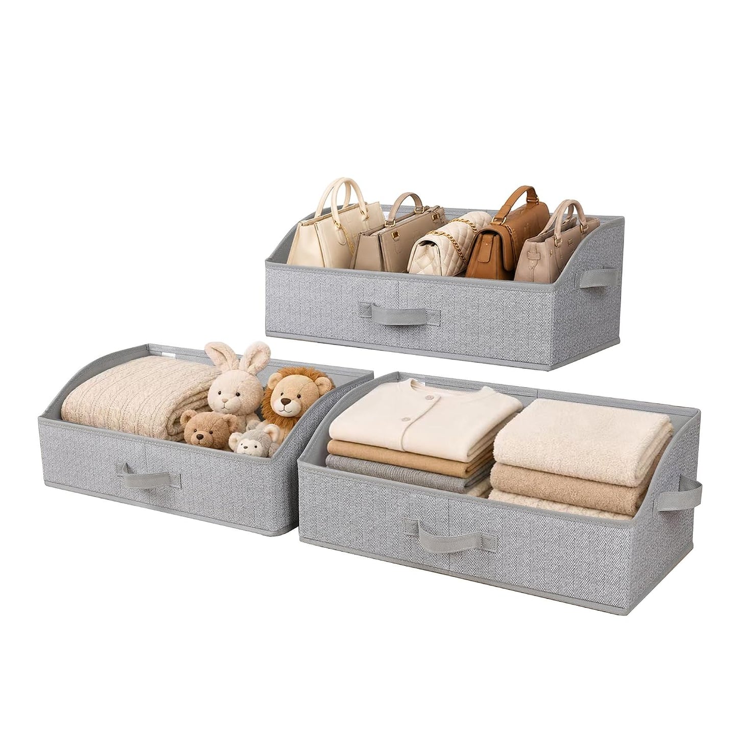 WUIKE Closet Organizers and Storage, Trapezoid Storage Bins, Fabric Closet Bins with Handles, Foldable Storage Baskets for Clothes, Purse, Blanket, Herringbone Gray, Extra Large, 3-Pack