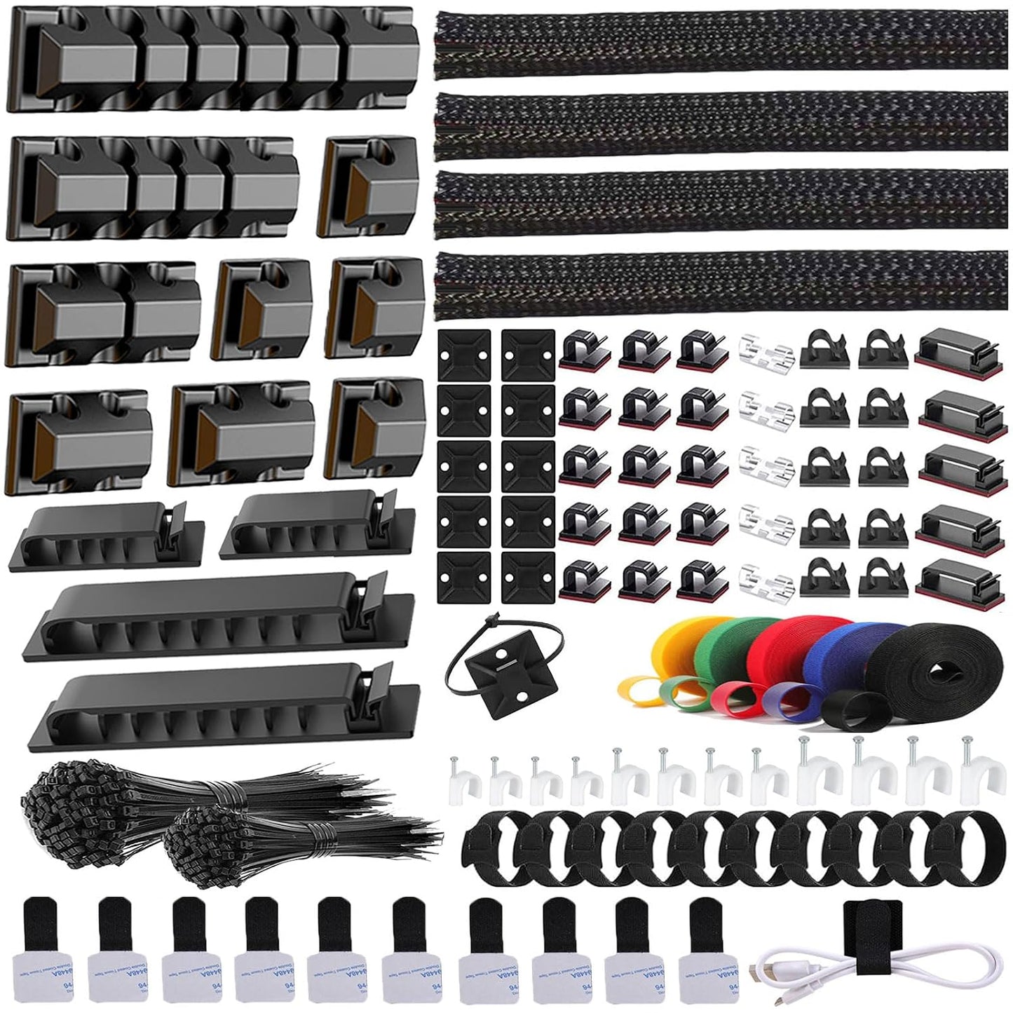 327 PCS Cable Management Kit 4 Cable Cable Sleeves,65 Cable Clips | 13Cord Holders,25 Roll Cable Organizer Straps,200 Fastening Cable Ties,20 Cable Zip Tie Mounts for Computer