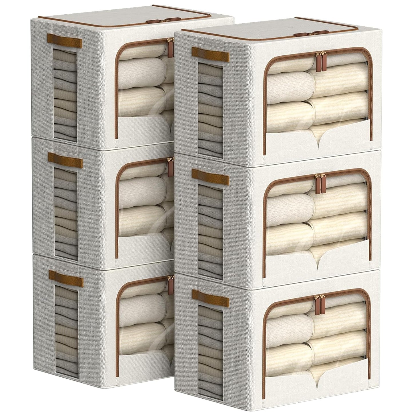 FHSQX 6 Pack Clothes Storage Bins - Foldable Storage Bins for Clothes Fabric Storage Box with Metal Frame (Cream White, 16.5x12.2x12.2 inch)