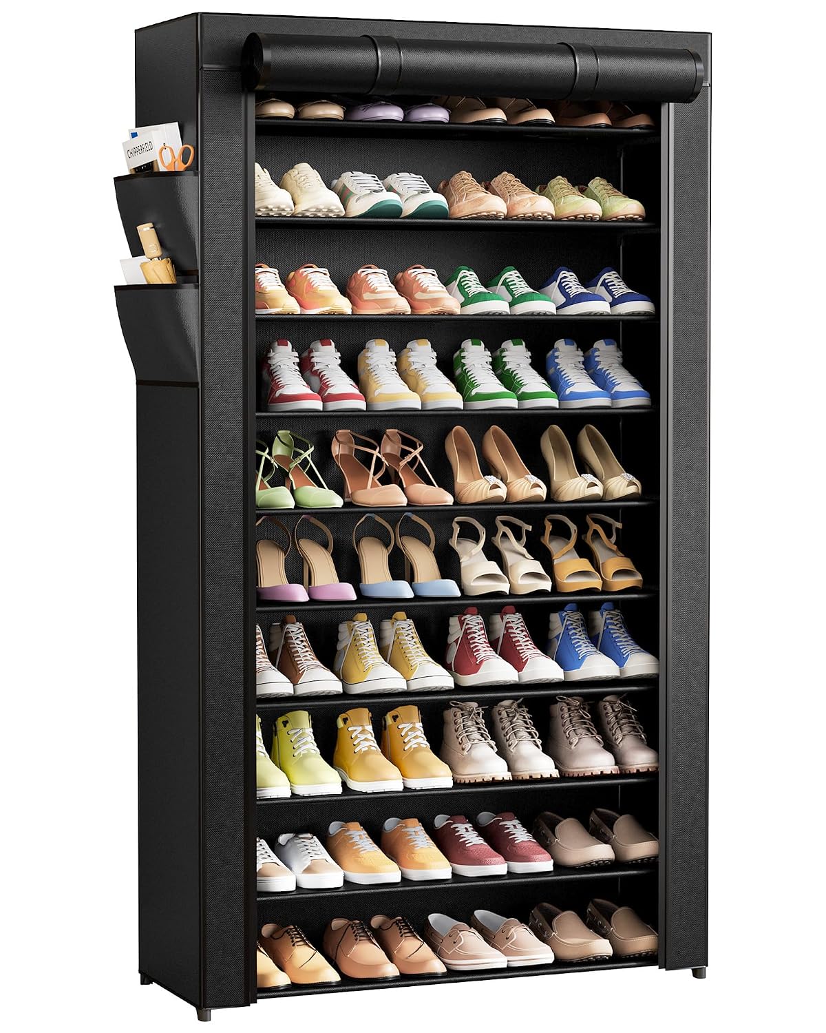 Kitsure 10-Tier Shoe Rack with Cover, Tall Shoe Shelf, 33" Wide, Black | Large Capacity Shoe Storage with Side Pocket, Shoe Organizer for Closet, Entryway, Bedroom, Zapateras Organizer