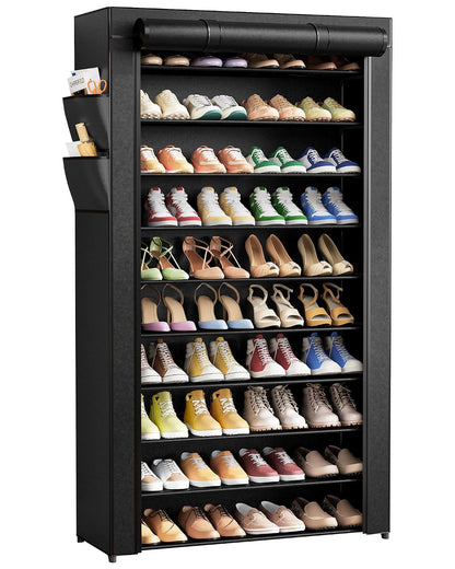 Kitsure 10-Tier Shoe Rack with Cover, Tall Shoe Shelf, 33" Wide, Black | Large Capacity Shoe Storage with Side Pocket, Shoe Organizer for Closet, Entryway, Bedroom, Zapateras Organizer
