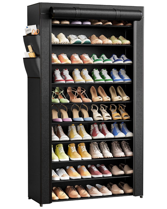 Kitsure 10-Tier Shoe Rack with Cover, Tall Shoe Shelf, 33" Wide, Black | Large Capacity Shoe Storage with Side Pocket, Shoe Organizer for Closet, Entryway, Bedroom, Zapateras Organizer