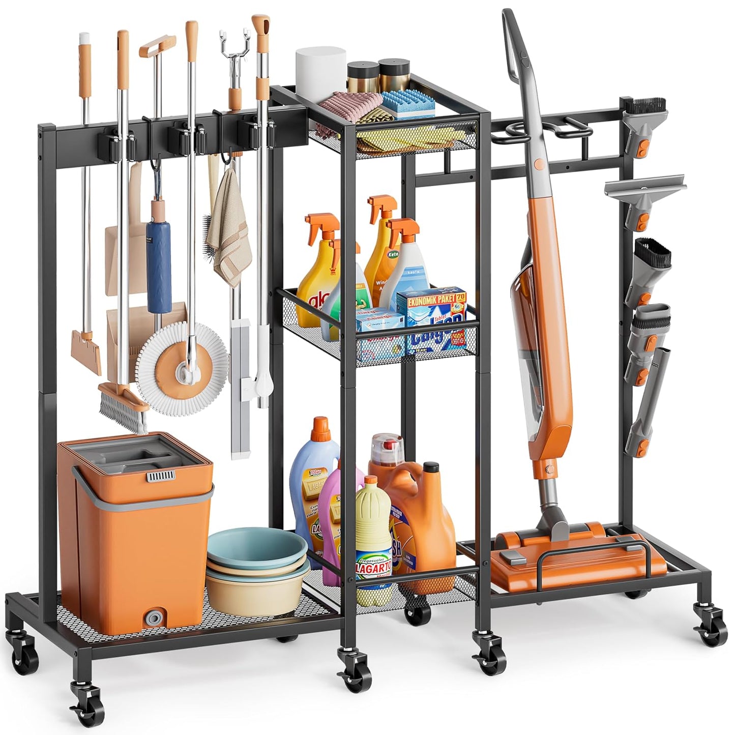 Broom Holder with Cleaning Supplies Organizer, Broom Closet Storage Cabinet with Cleaning Caddy Vacuum Stand, Cleaning Cart with Mop Hanger Gripper Rack Hook, Laundry Room Organization Home Essentials