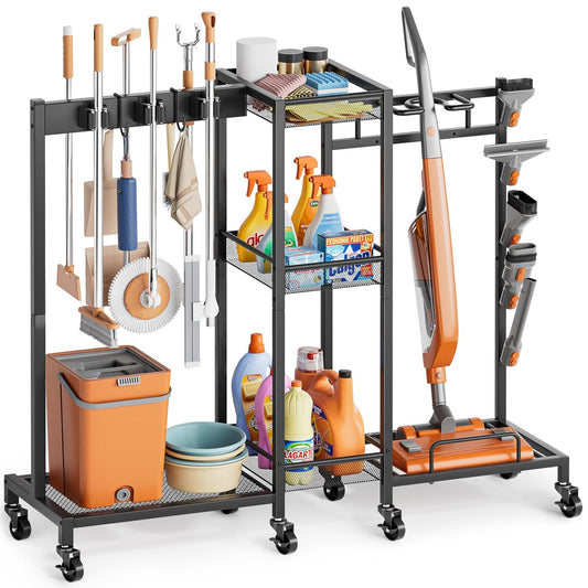 Broom Holder with Cleaning Supplies Organizer, Broom Closet Storage Cabinet with Cleaning Caddy Vacuum Stand, Cleaning Cart with Mop Hanger Gripper Rack Hook, Laundry Room Organization Home Essentials