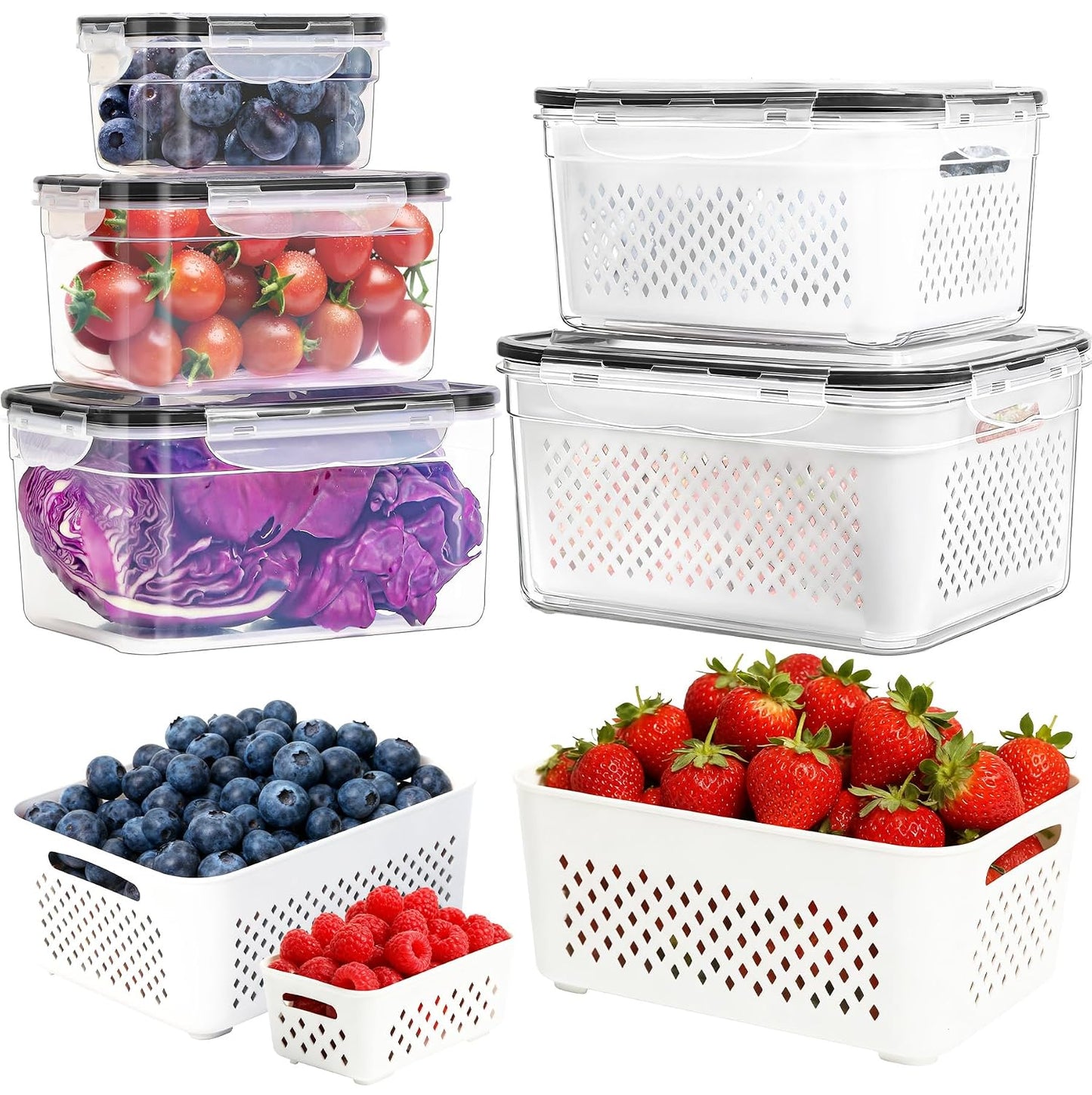 PRAKI Fruit Storage Containers for Fridge with Removable Colander, 5-Pack