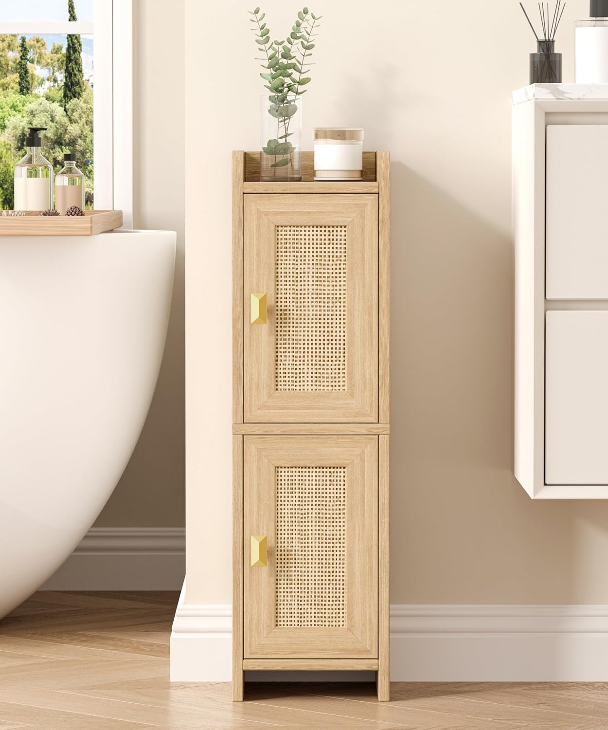 Rattan Small Bathroom Cabinet Narrow Toilet Paper Organizer Oak | 7.9''D x 7.9''W Bathroom Organizer and Storage Cabinet for Small Space, Slim Corner Unit with Adjustable Shelf