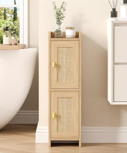 Rattan Small Bathroom Cabinet Narrow Toilet Paper Organizer Oak | 7.9''D x 7.9''W Bathroom Organizer and Storage Cabinet for Small Space, Slim Corner Unit with Adjustable Shelf