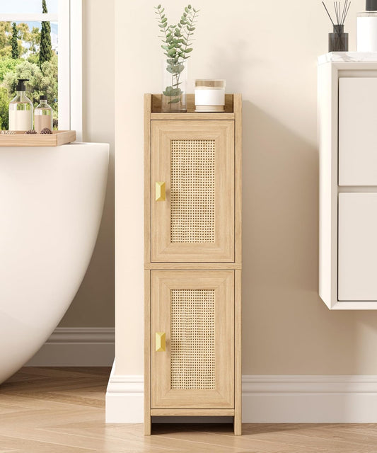 Akxomel Rattan Small Bathroom Cabinet Narrow Toilet Paper Organizer Oak | 7.9''D x 7.9''W Bathroom Organizer and Storage Cabinet for Small Space, Slim Corner Unit with Adjustable Shelf