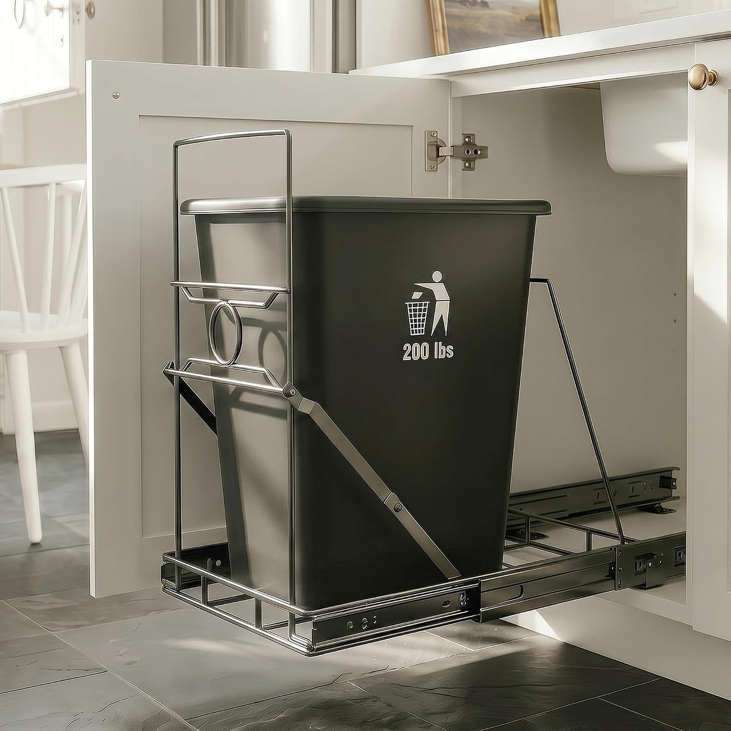 Trash Can Pull Out for Kitchen Cabinet, Black | Upgraded One-Piece Slide Out Holder Fits Most 7 to 11 Gallon Bins, Requires 12.5"W x 17.3"D x 17.5"H, Bin Not Included