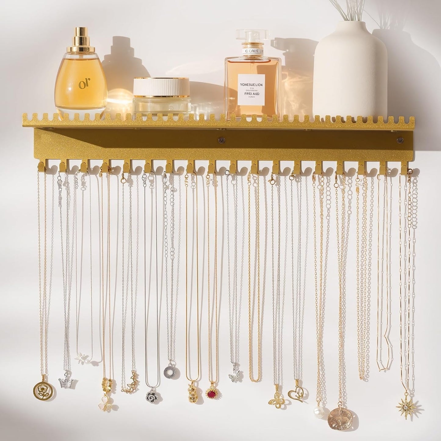 Necklace Holder Wall Hanging Organizer: Wall Mounted Jewelry Shelf with 56 Hooks and Tray, Display Hanger for Kids, Girls and Women, Gold & Metal