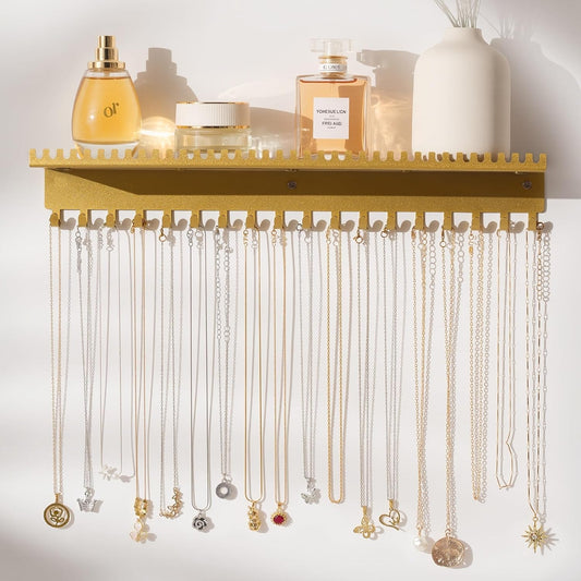 Necklace Holder Wall Hanging Organizer: Wall Mounted Jewelry Shelf with 56 Hooks and Tray, Display Hanger for Kids, Girls and Women, Gold & Metal