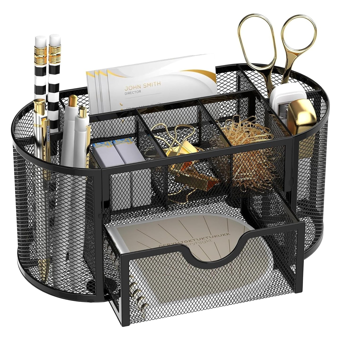 Mesh Desk Organizer with Drawer, 9-Compartment Pen Holder for Desk, Black | Pull-Out Drawer Stores Pens, Pencils, Clips, Notes, and Small Office or School Supplies in One Compact Desk Caddy