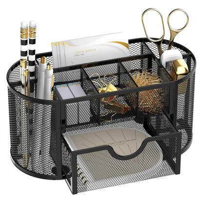 Mesh Desk Organizer with Drawer, 9-Compartment Pen Holder for Desk, Black | Pull-Out Drawer Stores Pens, Pencils, Clips, Notes, and Small Office or School Supplies in One Compact Desk Caddy