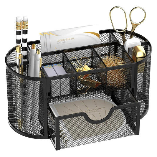 Mesh Desk Organizer with Drawer, 9-Compartment Pen Holder for Desk, Black | Pull-Out Drawer Stores Pens, Pencils, Clips, Notes, and Small Office or School Supplies in One Compact Desk Caddy