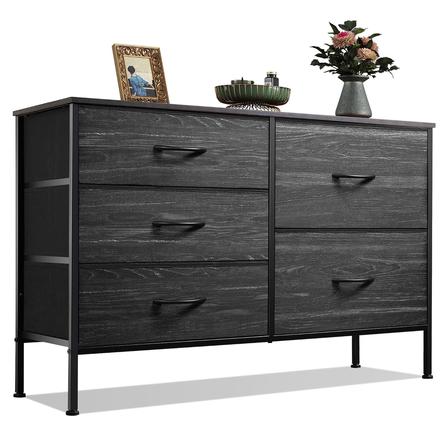 WLIVE Black Dresser for Bedroom, 5 Fabric Chest of Drawers | Black 5-drawer wide fabric dresser with steel frame, modern storage for bedroom living room home closet