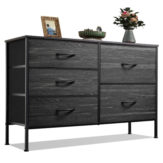 WLIVE Black Dresser for Bedroom, 5 Fabric Chest of Drawers | Black 5-drawer wide fabric dresser with steel frame, modern storage for bedroom living room home closet