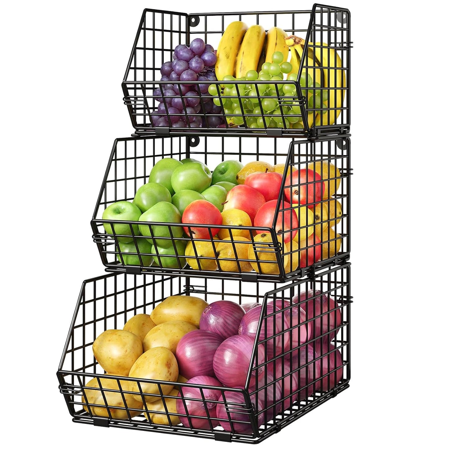 3-Tier Stackable Wire Baskets, Fruit and Vegetable Storage for Counter | Wall-Mount Potato and Onion Storage Bin, Metal Produce Basket, Kitchen Pantry Organizer and Storage on Cabinet for Snack/Can