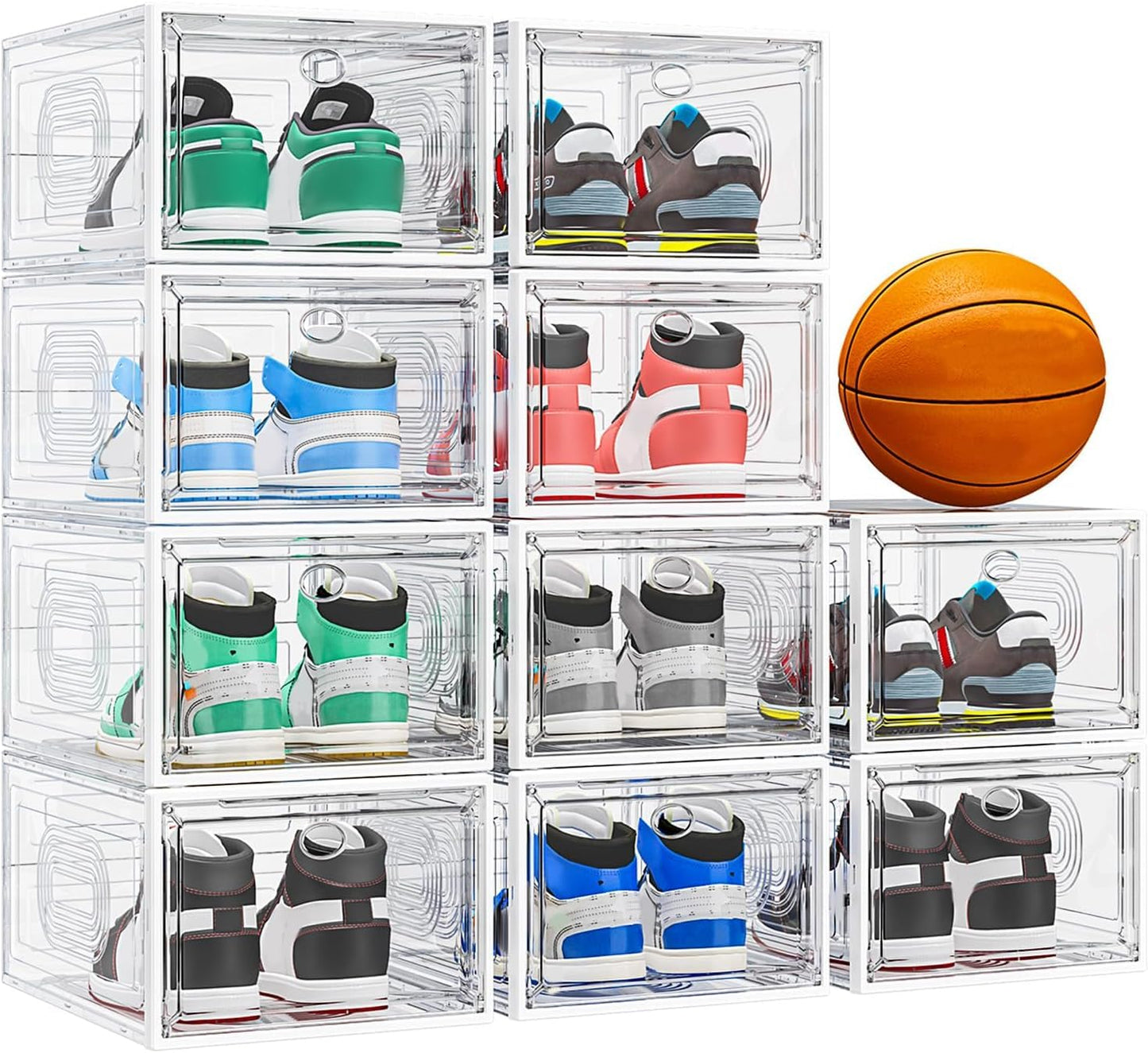 10 Pack Thicken Shoe Organizer Stackable | Upgraded Sturdy Shoe Storage Box with Magnetic Door,Shoe Containers For Sneaker Display,Hat Organizer,White