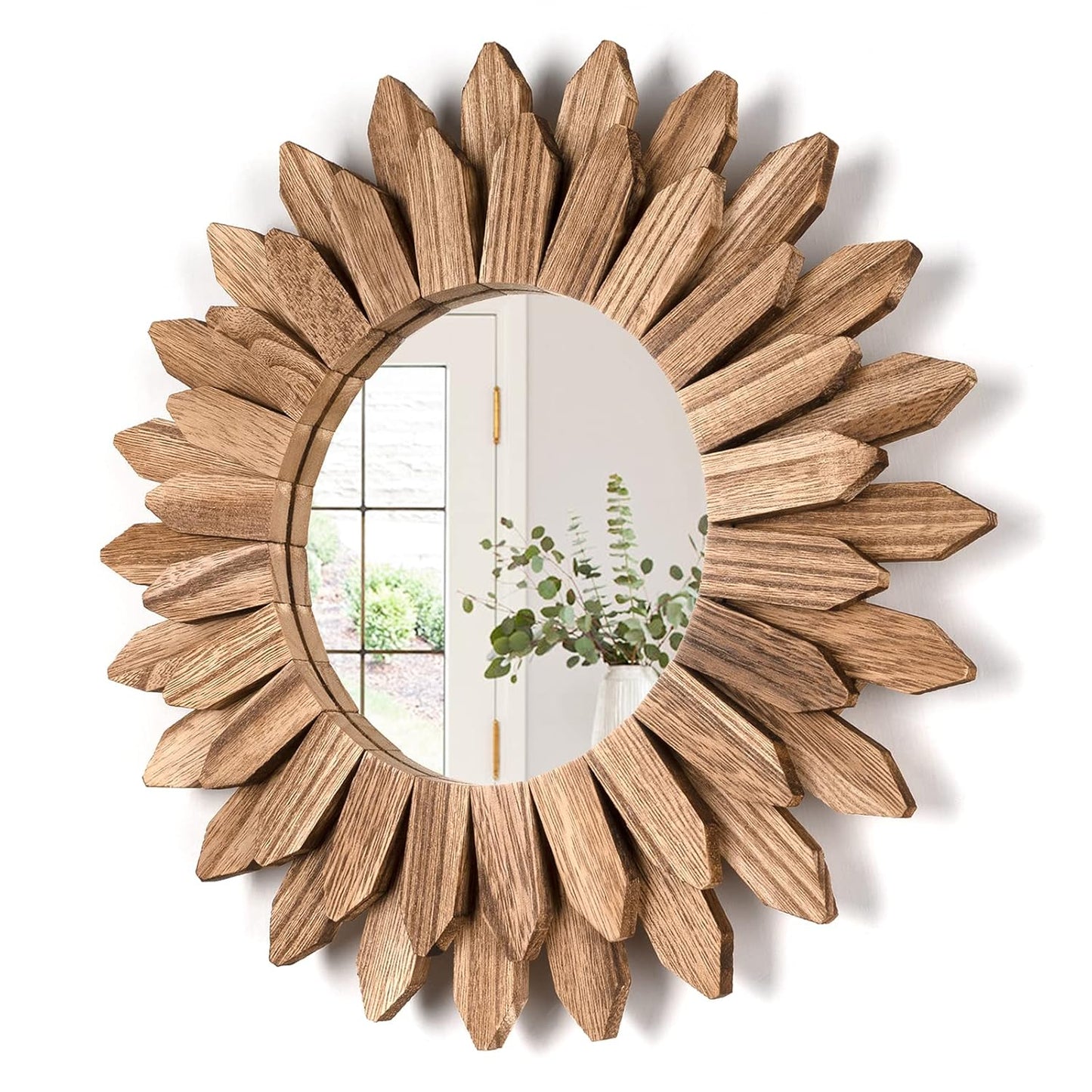 Wall Mirror Decorative 12 inch Rustic Wood Mirror Sunburst Boho Mirror for Entryway Bedroom Living Room Bathroom House Warming Gifts New Home Essential Carbonized Black