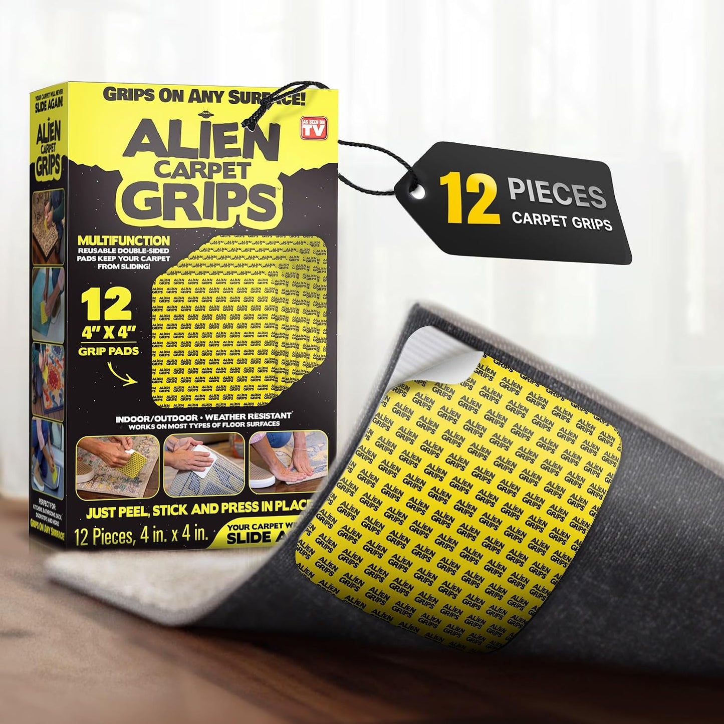 Alien Grip Rug Gripper Carpet Tape - 12pcs, 4x4 in. Anti-Slip Hardwood, Tile Floor, No Damage - Double Sided Reusable, Non Slip Corner Rug Pads - As Seen on TV