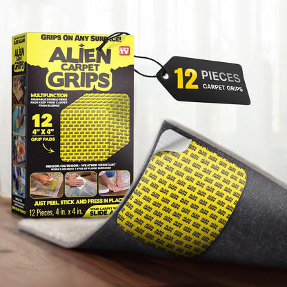 Alien Grip Rug Gripper Carpet Tape - 12pcs, 4x4 in. Anti-Slip Hardwood, Tile Floor, No Damage - Double Sided Reusable, Non Slip Corner Rug Pads - As Seen on TV