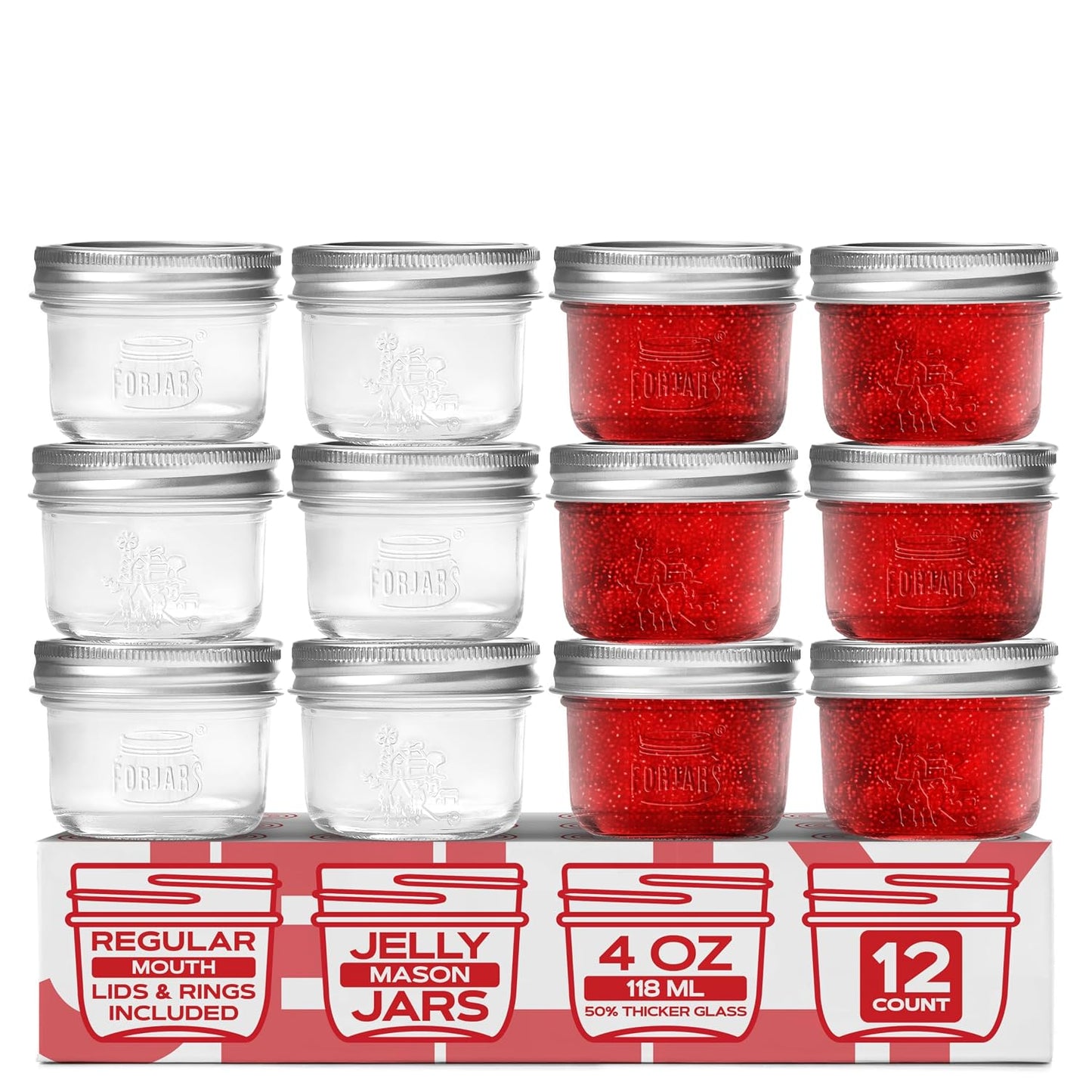 FORJARS® Premium Mason Jars with Lids – 4oz | Regular Mouth Canning Jars | 12-Pack Glass Jars for Jam, Jelly, Honey, Spices, Desserts, Sauces, Food Storage, Freezer Safe, Airtight Bulk Set