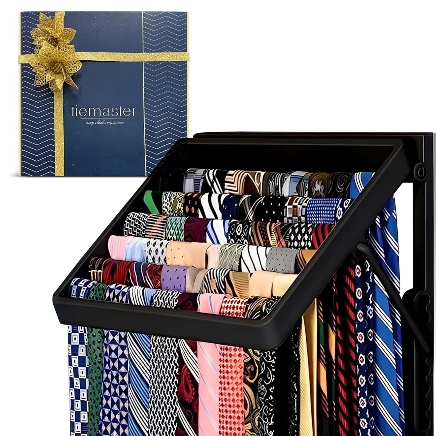 TieMaster Wall Mounted Tie Rack and Scarf Organizer with 5 Belt Hooks | Battery-Free, Holds 60 Ties and Scarves, Easy Installation, Sleek Durable Plastic Design for closet, Gift for Men and Women