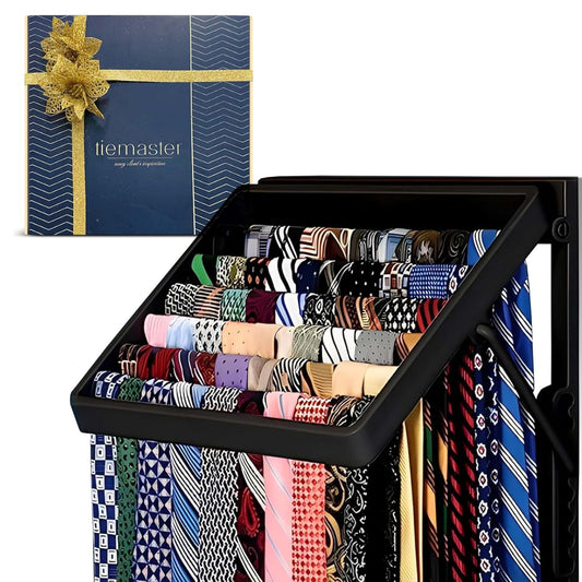 TieMaster Wall Mounted Tie Rack and Scarf Organizer with 5 Belt Hooks | Battery-Free, Holds 60 Ties and Scarves, Easy Installation, Sleek Durable Plastic Design for closet, Gift for Men and Women