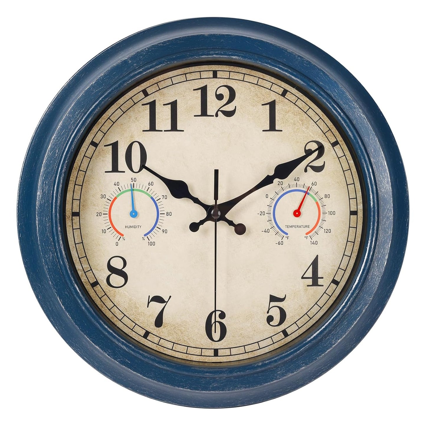 12 Inch Outdoor Clock with Thermometer and Hygrometer Combo, Waterproof Indoor Outdoor Wall Clocks for Patio, Pool, Garden, Bathroom Decor- Blue