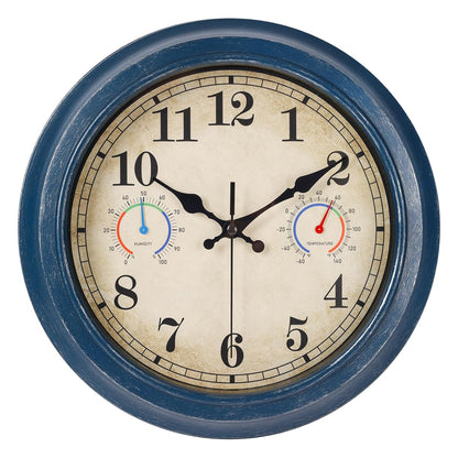12 Inch Outdoor Clock with Thermometer and Hygrometer Combo, Waterproof Indoor Outdoor Wall Clocks for Patio, Pool, Garden, Bathroom Decor- Blue