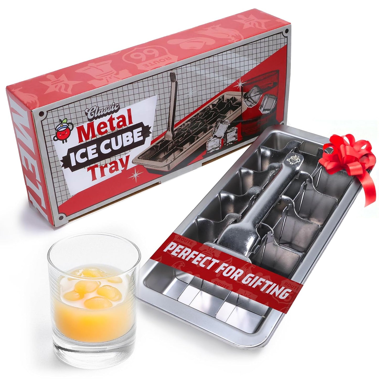 Metal Stainless Steel Ice Cube Trays with Lever, 18 cubes | Vintage Retro Design, 11 Inch, Non Toxic, BPA Free, Plastic Free, No Aluminum, Dishwasher Safe, Cocktails and Whiskey