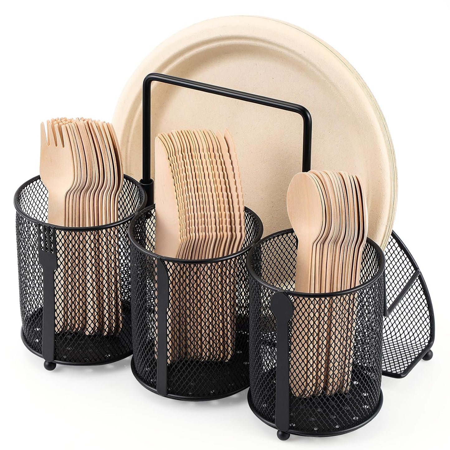 Utensil Caddy Silverware Holder for Party, Metal Mesh Cutlery Storage Organizer for Forks Spoons Napkins Plates, Perfect for Kitchen, Buffet, Picnic, Camping & Outdoor BBQ