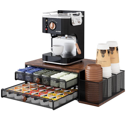 Coffee Bar Organizer, 60 Capacity K Cup Organizer for Countertop, 2 Tier Sliding Coffee Pod Storage Drawer with Disposable Cup & Lid Holder, Black
